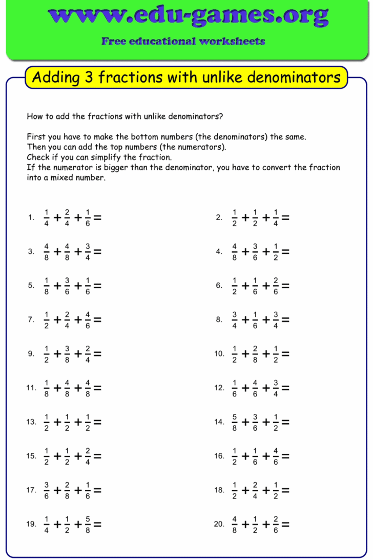 Common Core Adding Fractions With Unlike Denominators Worksheets