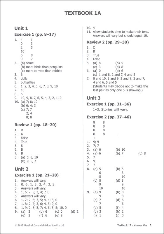 Primary Mathematics Common Core Edition Answer Key Booklet 1A 3B 