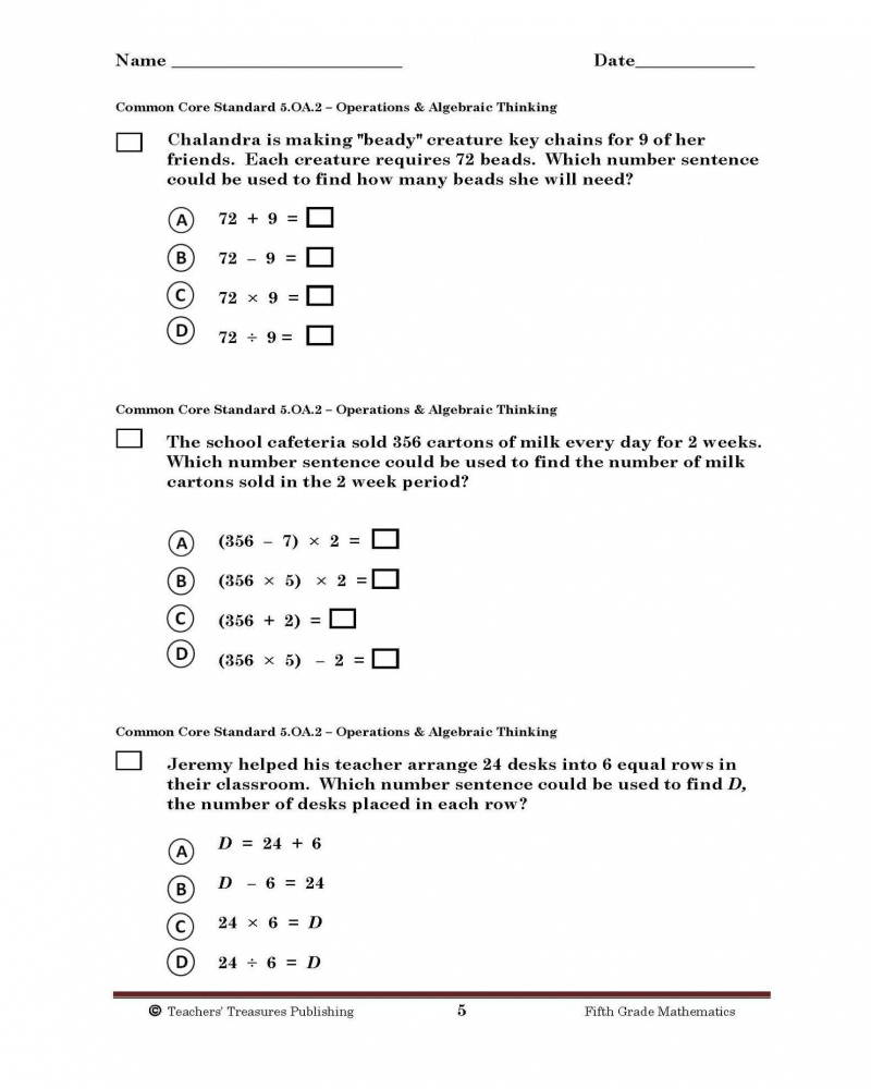 Printable Common Core Math Worksheets For 5th Grade Math Worksheets 