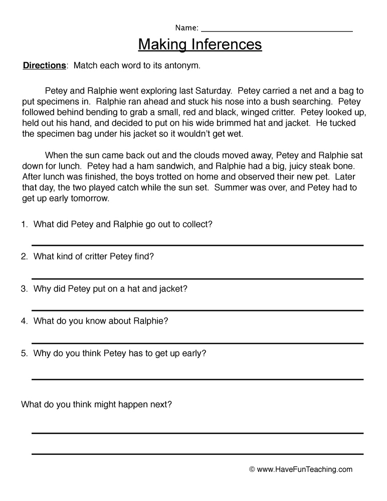 Reading Inferences Worksheet Have Fun Teaching