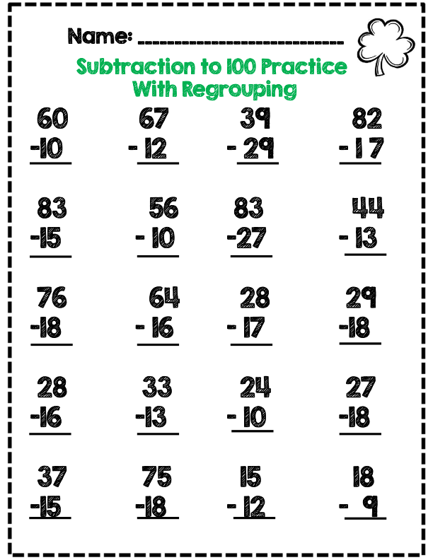 St Patrick s Day Subtraction To 100 Practice Part Of 25 Page Math 