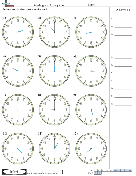 Reading An Analog Clock Common Core Sheets
