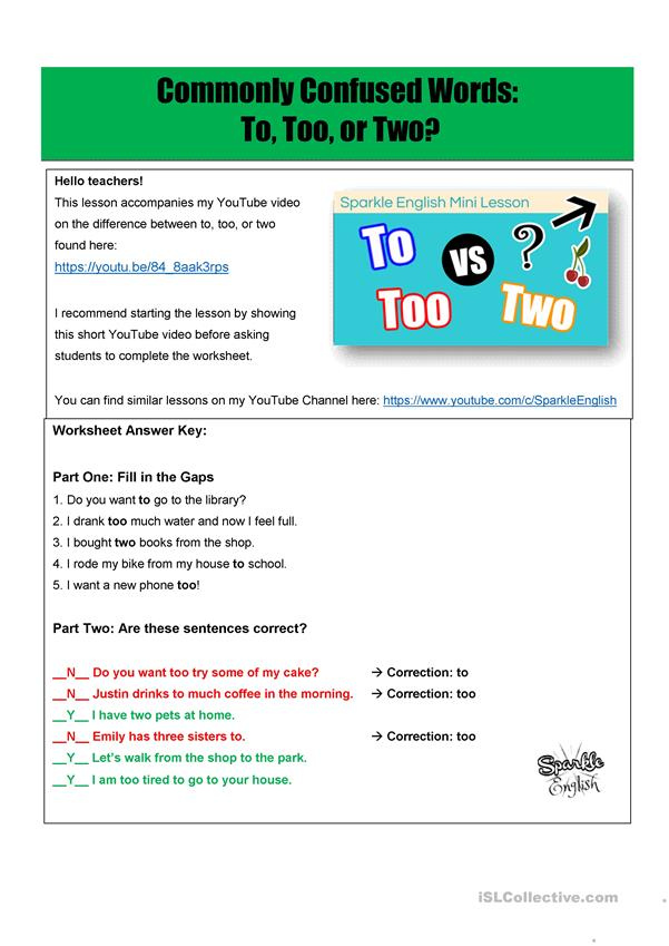 Common Core Grammar Worksheet To Too Two