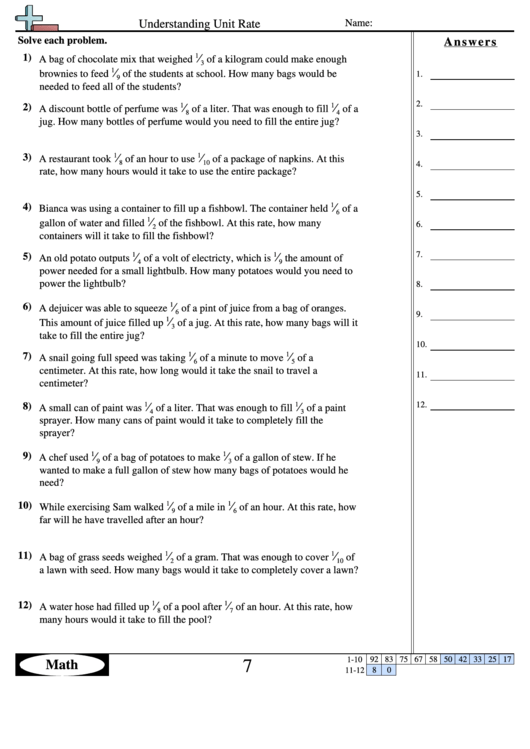 Understanding Unit Rate Worksheet With Answer Key Printable Pdf Download