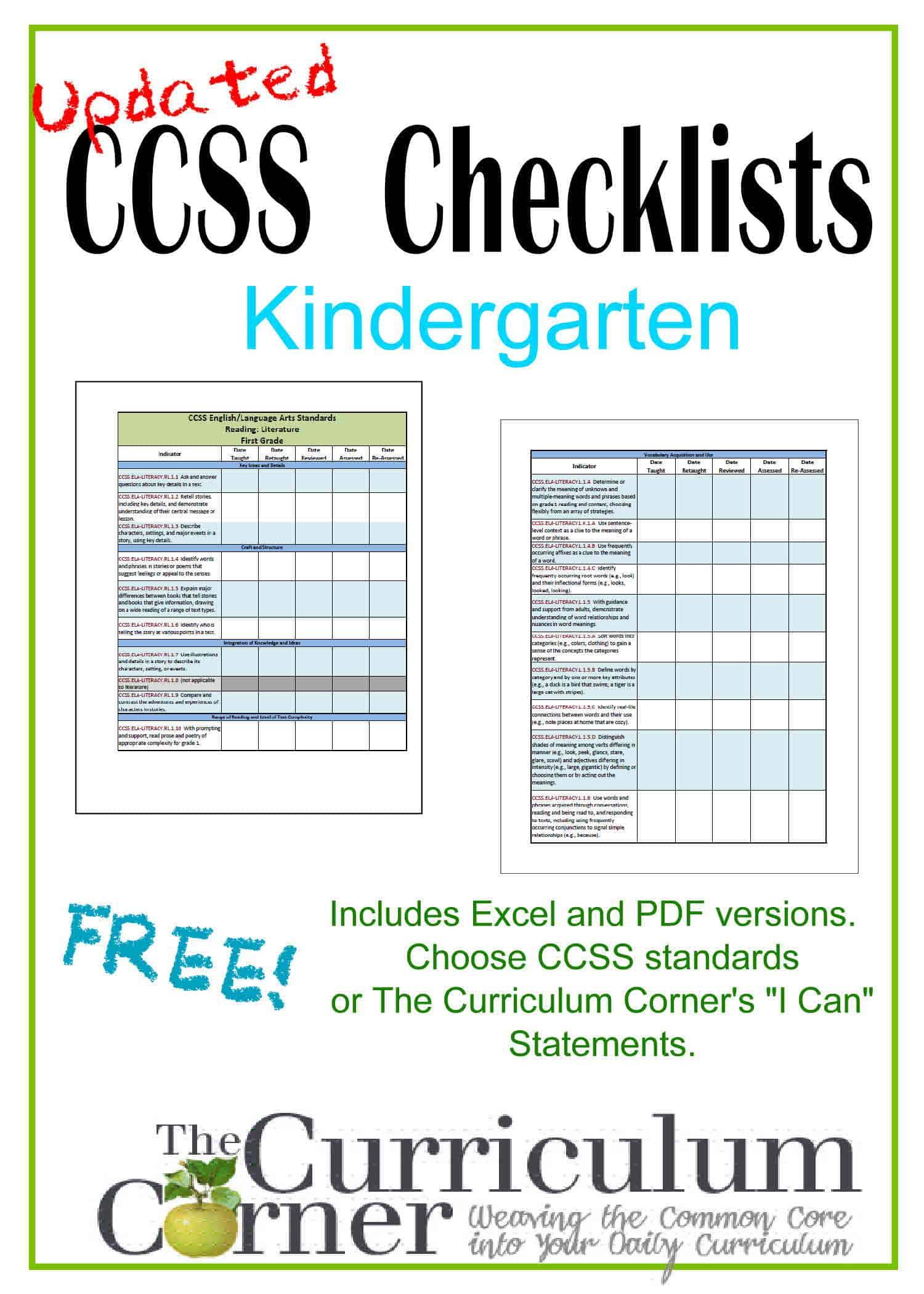 Updated Kindergarten Checklists CCSS AND I Cans The Kinder Corner